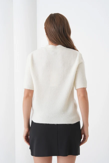 Kadın Bisiklet Yaka Şardonlu Kısa Kol Triko Kazak