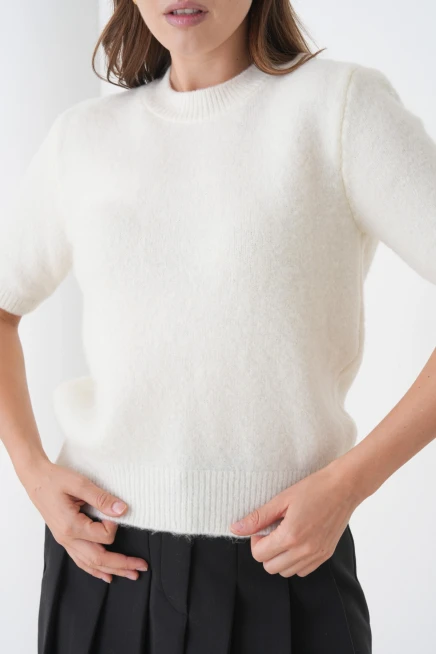 Kadın Bisiklet Yaka Şardonlu Kısa Kol Triko Kazak