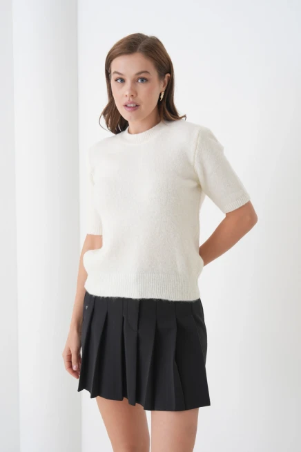 Kadın Bisiklet Yaka Şardonlu Kısa Kol Triko Kazak