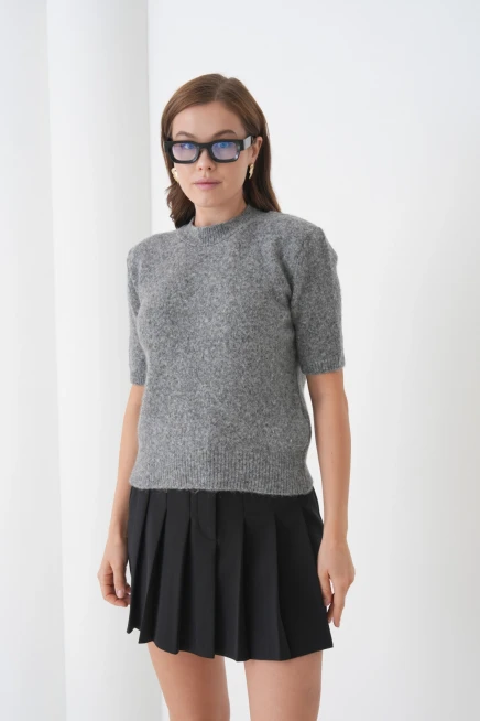 Kadın Bisiklet Yaka Şardonlu Kısa Kol Triko Kazak