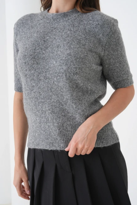 Kadın Bisiklet Yaka Şardonlu Kısa Kol Triko Kazak