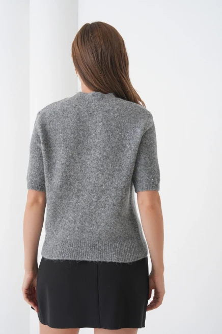 Kadın Bisiklet Yaka Şardonlu Kısa Kol Triko Kazak