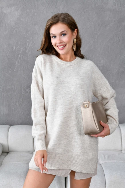 Kadın Bisiklet Yaka Yırtmaçlı Oversize Triko Kazak