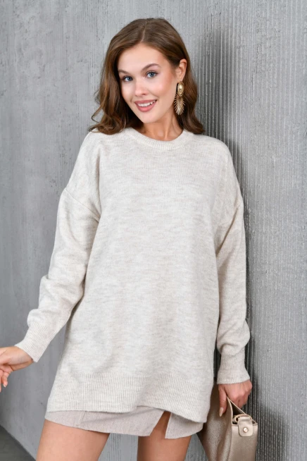 Kadın Bisiklet Yaka Yırtmaçlı Oversize Triko Kazak