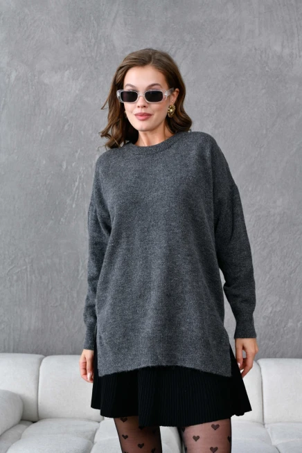 Kadın Bisiklet Yaka Yırtmaçlı Oversize Triko Kazak