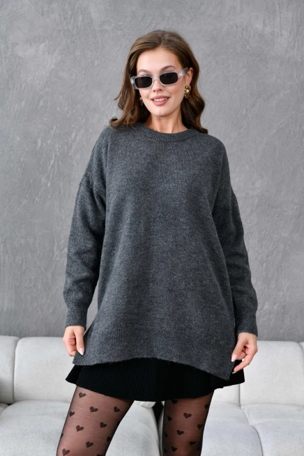 Kadın Bisiklet Yaka Yırtmaçlı Oversize Triko Kazak