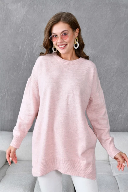 Kadın Bisiklet Yaka Yırtmaçlı Oversize Triko Kazak