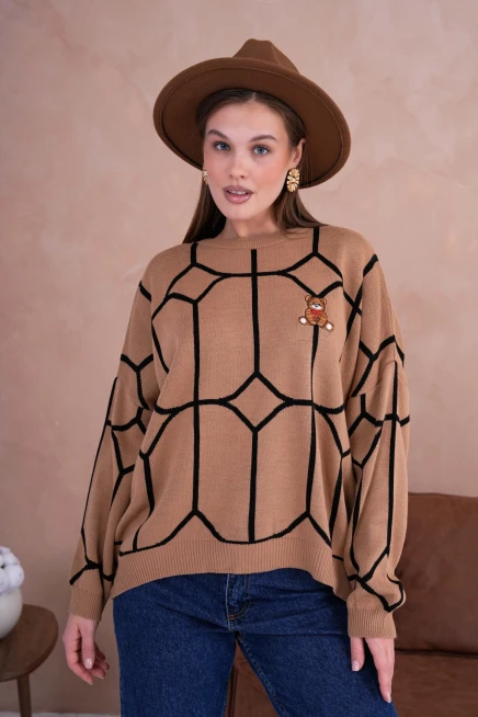 Kadın Camel Dik Yaka Örgü Detay Nakışlı Oversize Triko Kazak