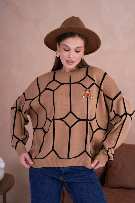 Kadın Camel Dik Yaka Örgü Detay Nakışlı Oversize Triko Kazak