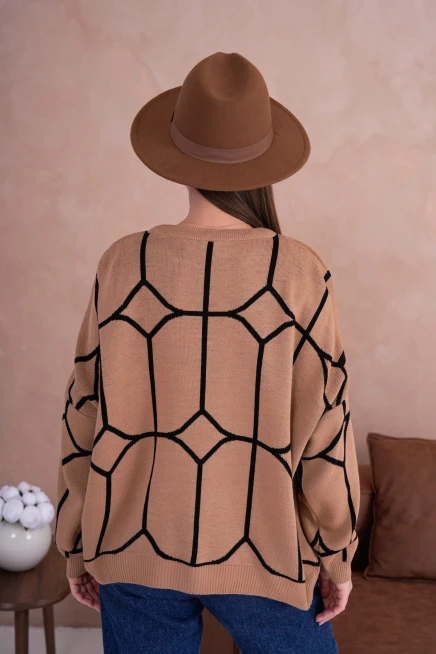 Kadın Camel Dik Yaka Örgü Detay Nakışlı Oversize Triko Kazak