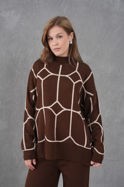 Kadın Dik Yaka Desenli Oversize Kazak Pantolon Triko Alt-Üst Takım