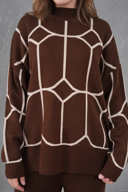 Kadın Dik Yaka Desenli Oversize Kazak Pantolon Triko Alt-Üst Takım