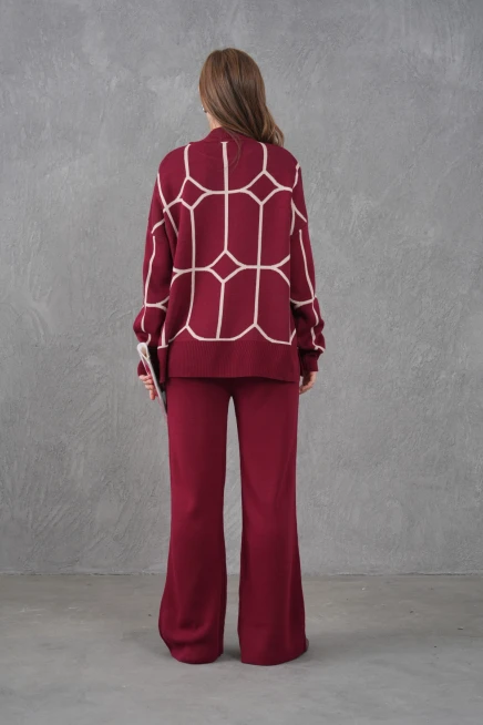 Kadın Dik Yaka Desenli Oversize Kazak Pantolon Triko Alt-Üst Takım