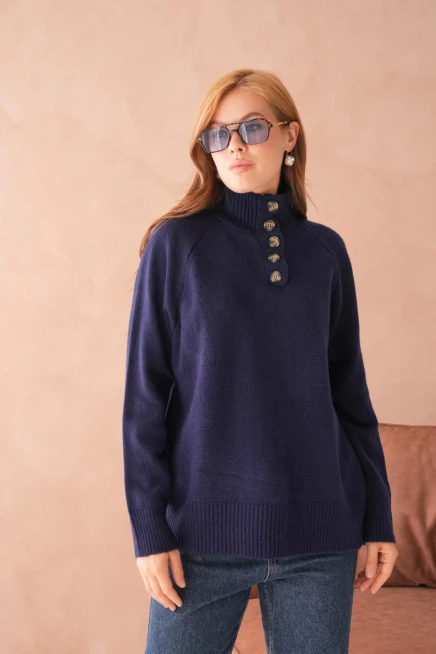 Kadın Dik Yaka Düğme Detay Oversize Triko Kazak