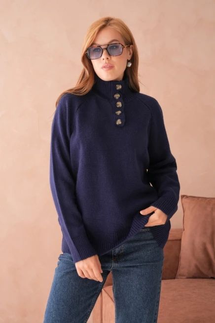 Kadın Dik Yaka Düğme Detay Oversize Triko Kazak