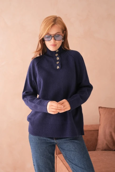 Kadın Dik Yaka Düğme Detay Oversize Triko Kazak