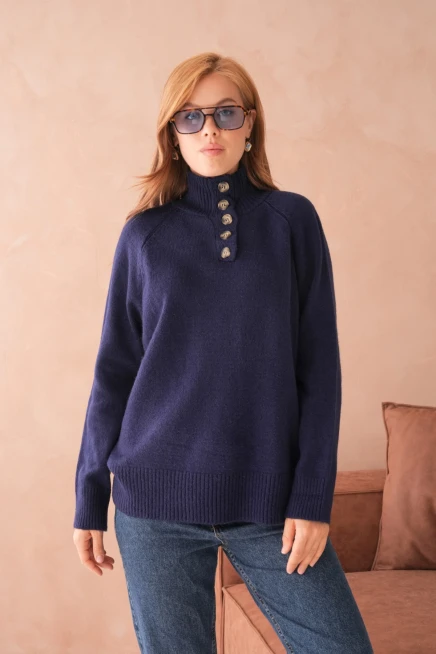 Kadın Dik Yaka Düğme Detay Oversize Triko Kazak