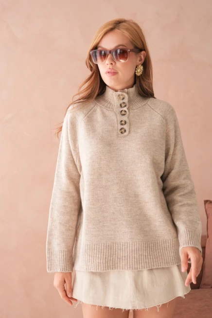 Kadın Dik Yaka Düğme Detay Oversize Triko Kazak