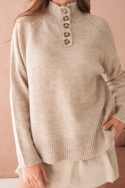 Kadın Dik Yaka Düğme Detay Oversize Triko Kazak