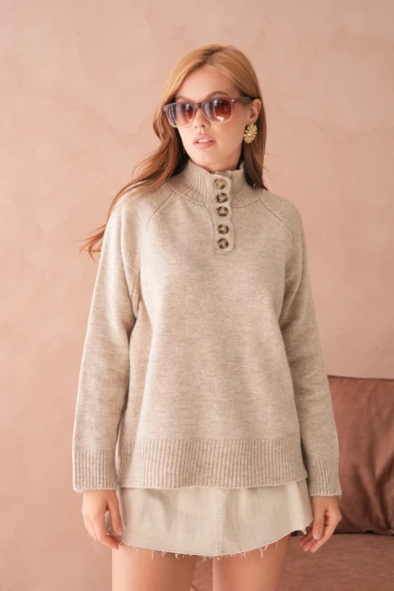 Kadın Dik Yaka Düğme Detay Oversize Triko Kazak