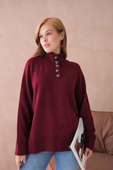 Kadın Dik Yaka Düğme Detay Oversize Triko Kazak