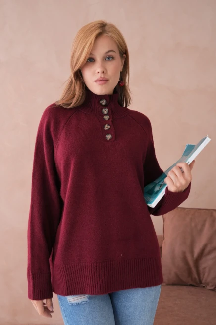 Kadın Dik Yaka Düğme Detay Oversize Triko Kazak