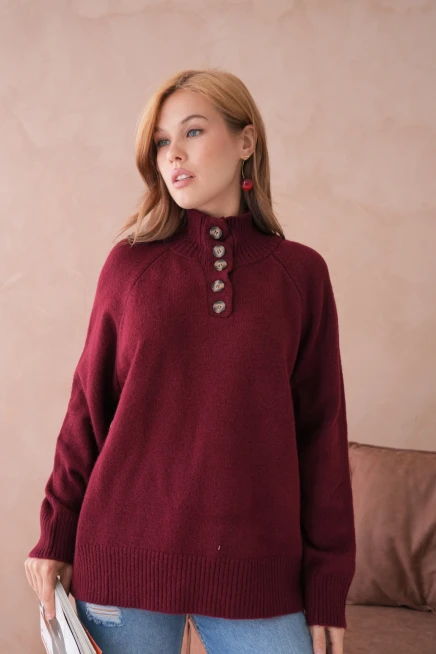 Kadın Dik Yaka Düğme Detay Oversize Triko Kazak