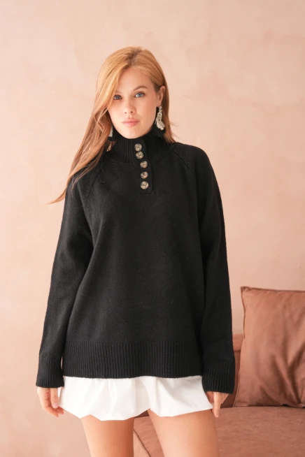 Kadın Dik Yaka Düğme Detay Oversize Triko Kazak