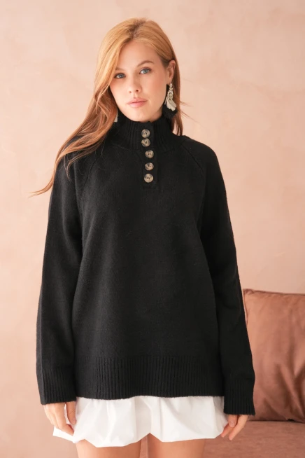 Kadın Dik Yaka Düğme Detay Oversize Triko Kazak