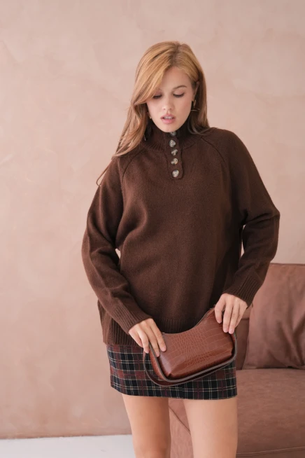 Kadın Dik Yaka Düğme Detay Oversize Triko Kazak