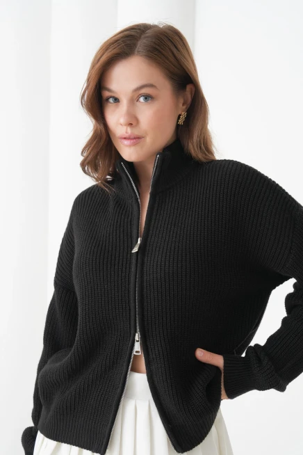 Kadın Dik Yaka Fermuar Kapama Oversize Triko Hırka 