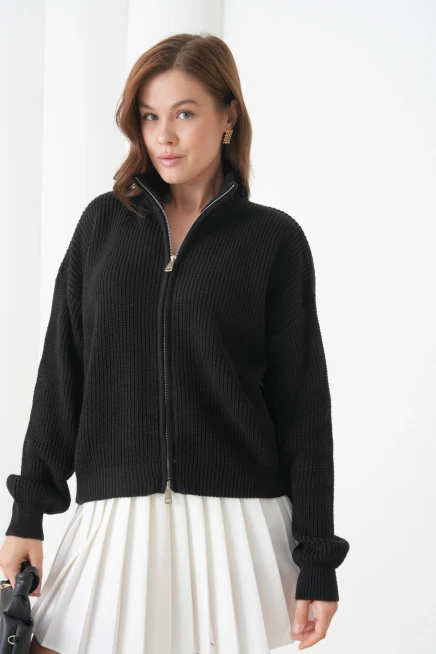 Kadın Dik Yaka Fermuar Kapama Oversize Triko Hırka 