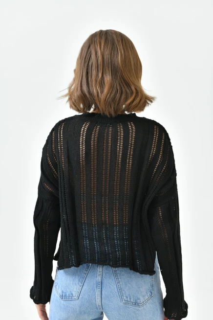 Kadın Dik Yaka Örgü Detaylı Crop Triko Kazak