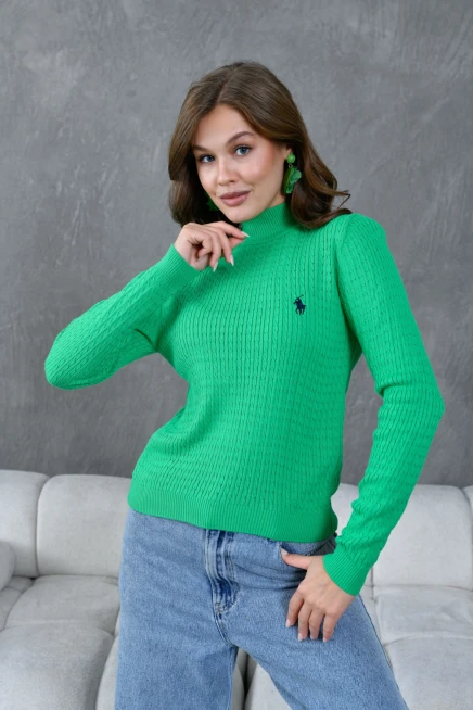 Kadın Dik Yaka Saç Örgü Nakış Detaylı Triko Kazak