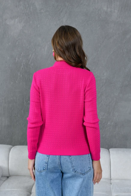 Kadın Dik Yaka Saç Örgü Nakış Detaylı Triko Kazak
