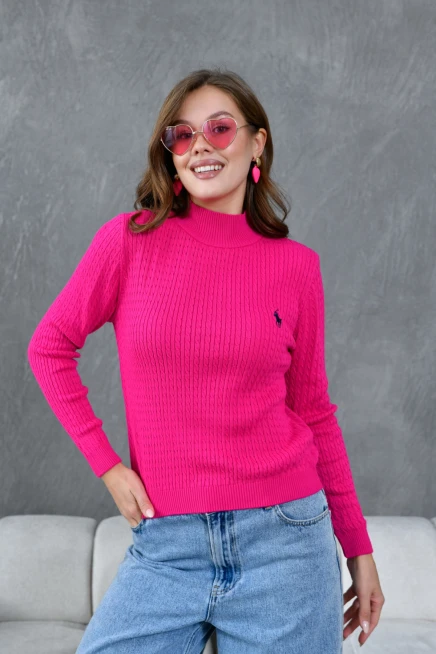 Kadın Dik Yaka Saç Örgü Nakış Detaylı Triko Kazak