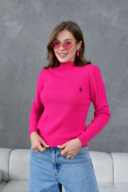 Kadın Dik Yaka Saç Örgü Nakış Detaylı Triko Kazak