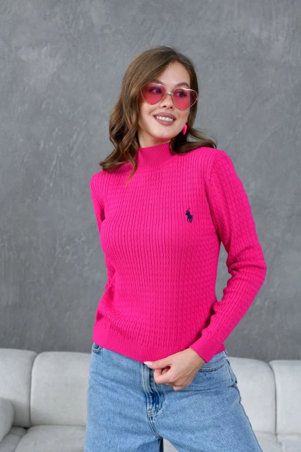 Kadın Dik Yaka Saç Örgü Nakış Detaylı Triko Kazak