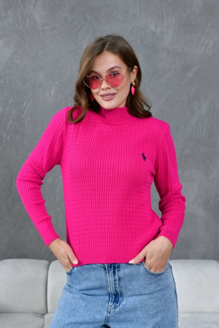 Kadın Dik Yaka Saç Örgü Nakış Detaylı Triko Kazak