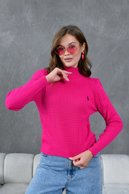 Kadın Dik Yaka Saç Örgü Nakış Detaylı Triko Kazak