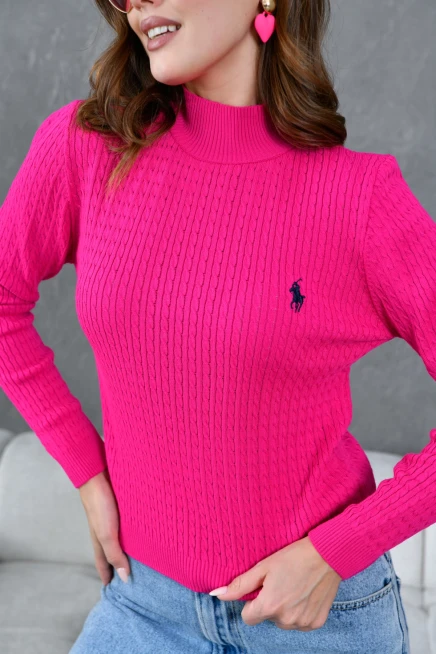 Kadın Dik Yaka Saç Örgü Nakış Detaylı Triko Kazak