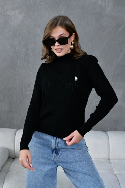 Kadın Dik Yaka Saç Örgü Nakış Detaylı Triko Kazak