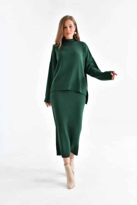 Kadın Dik Yaka Salaş Kazak Uzun Etekli İkili Triko Takım