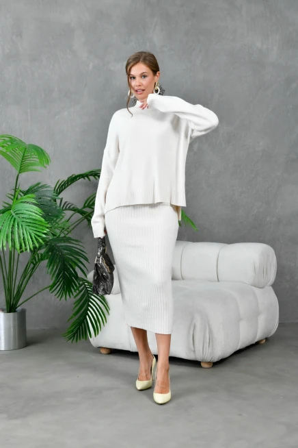 Kadın Dik Yaka Salaş Kazak Uzun Etekli İkili Triko Takım