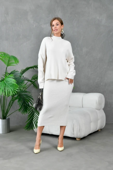 Kadın Dik Yaka Salaş Kazak Uzun Etekli İkili Triko Takım