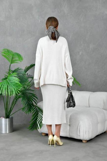 Kadın Dik Yaka Salaş Kazak Uzun Etekli İkili Triko Takım