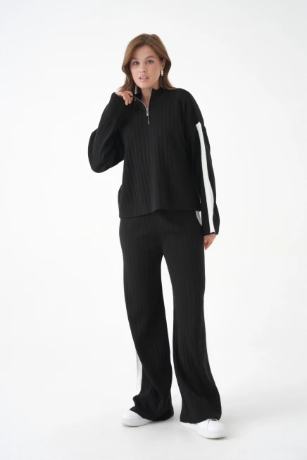 Kadın Dik Yaka Yarım Pat Fermuar Örgü Detay Kazak Pantolon İkili Triko Takım