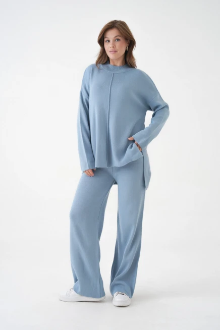 kadın dik yaka yırtmaçlı kazak pantolon triko alt-üst takım 