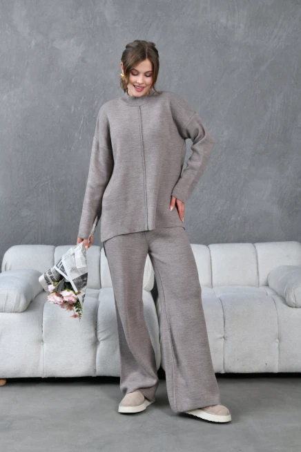 kadın dik yaka yırtmaçlı kazak pantolon triko alt-üst takım 