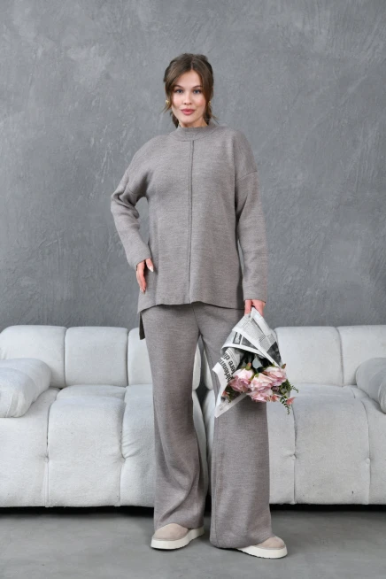 kadın dik yaka yırtmaçlı kazak pantolon triko alt-üst takım 